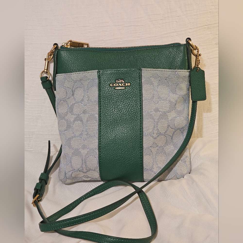EUC Coach Green and Gray Crossbody Bag with Monogram Design